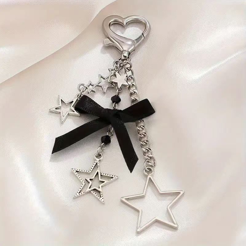 [Big Star Black Bow] Silver Texture Mobile Phone Chain Pendant Keychain Star Camera Bag Pendant