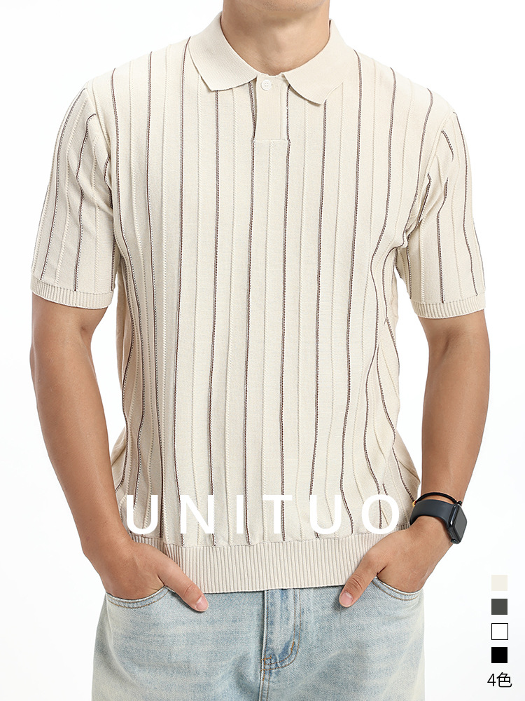 Polo de seda de hielo de hombre, camiseta de alto nivel, camiseta de negocios, camiseta de polo, tela de rayas, camiseta de punto de manga corta para hombres