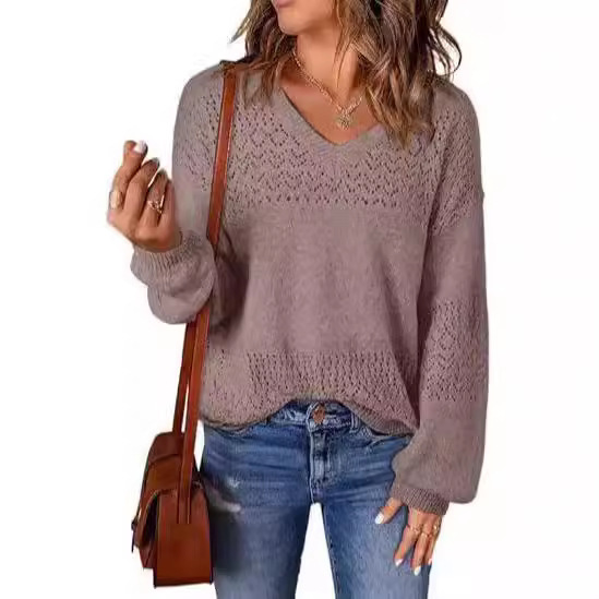 In-Stock Amazon 2024 Cross-Border Women's Pure Cotton Casual Long-Sleeve V-Neck Lightweight Crochet Pullover Sweater Top In-Stock Amazon 2024 Cross-Border Women's Pure Cotton Casual Long-Sleeve V-Neck Lightweight Crochet Pullover Sweater Top