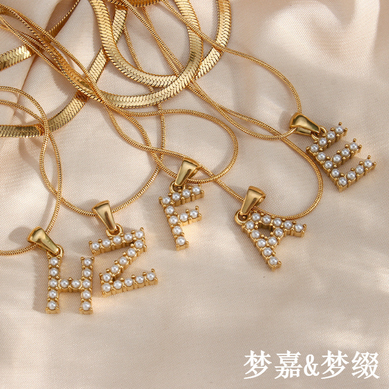 欧美跨境双层链条珍珠吊坠嘻哈锁骨链26英文字母吊坠饰品批发