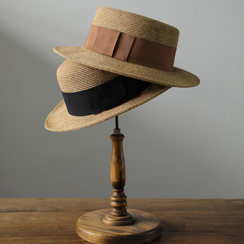 Japanese-style straw hat, summer women's simple ribbon flat top hat with large brim, sun protection UV travel hat, woven sunshade hat