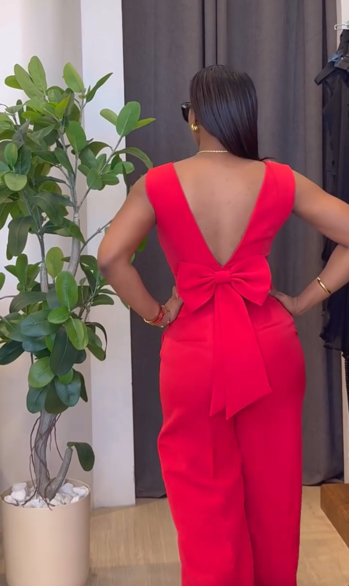 Women Clothing Spring Solid Color Backless Bow Top Wide Leg Trousers Casual Suit