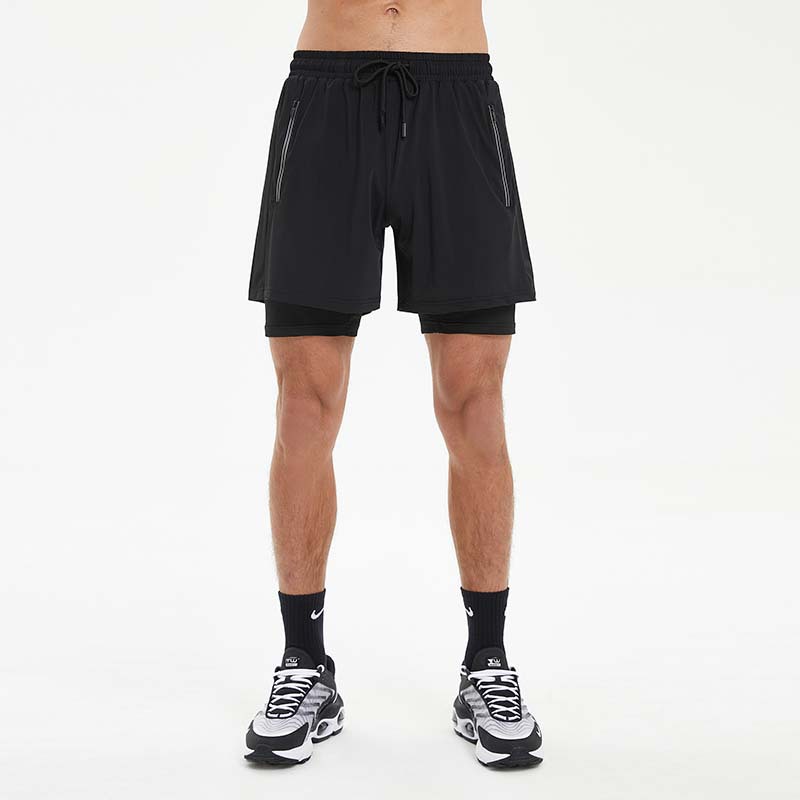 Pantalones cortos deportivos de secado rápido de los hombres de verano forro de doble capa de alta elasticidad para correr pantalones laterales transpirables con cremallera en stock al por mayor