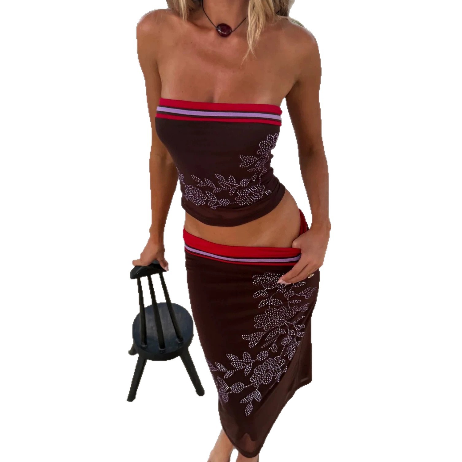Strapless Crop Top And Color-Block Skirt Set Rhinestone Mesh Bodycon Dress For Trendy Hot Girls Women's Clothing Set_ecoleips.com
