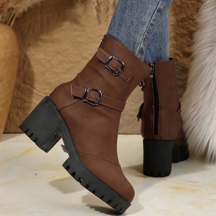 Big size thick heel boots women's autumn and winter fashion belt buckle explosive short boots cotton boots fashion boots_voghion.com