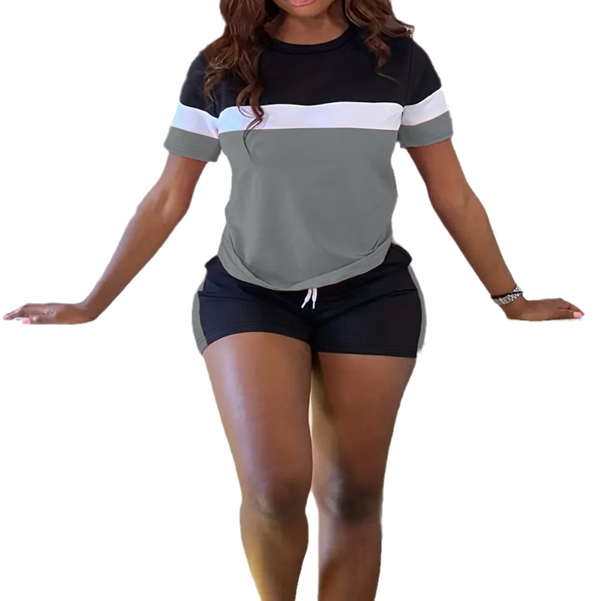 Women's Summer Sportswear Set Fashionable Color Block Crew Neck Short Sleeve T-Shirt Drawstring Shorts 2 Piece Outfit_ecoleips.com