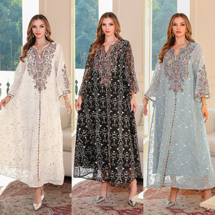 Cross-Border Middle Eastern Muslim Robe Embroidered Women's Long Skirt Dubai Abaya Women's Rope Embroidered Dress Ready for Sale