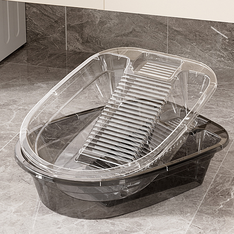 Integrated Transparent Laundry Basin with Washboard, Plastic Basin for Dormitory, Large Deep and Thickened Household Laundry Tub with Washboard