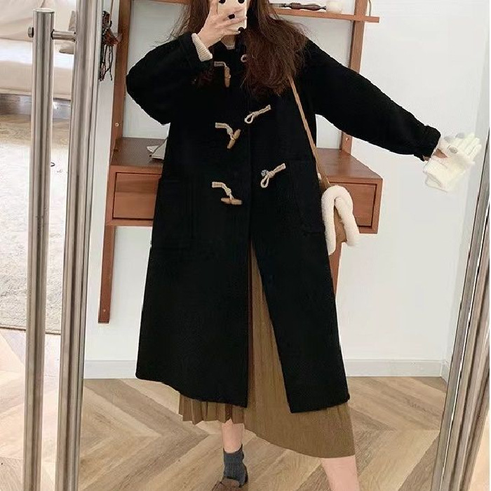 黑色牛角扣秋冬大衣女小个子2025秋冬新款赫本风新款呢子外套女装|undefined