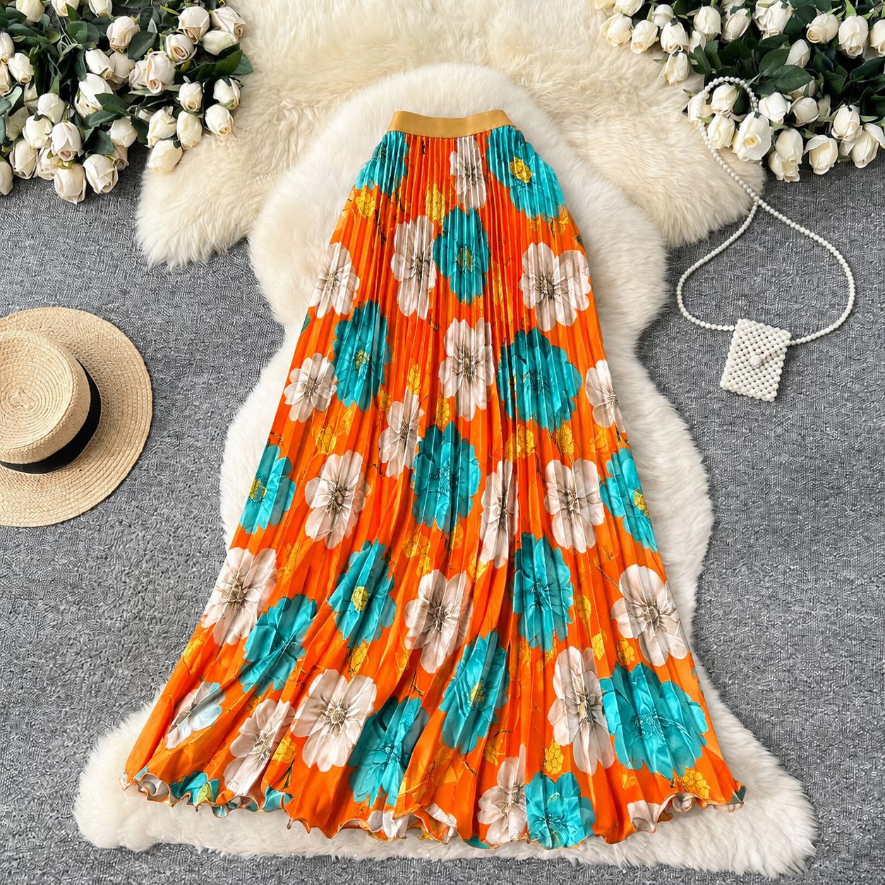 Women's Retro Print Pleated Skirt High Waist A-Line Midi Fashion Skirt for Commuting Summer Long Skirt European And American Style_ecoleips.com