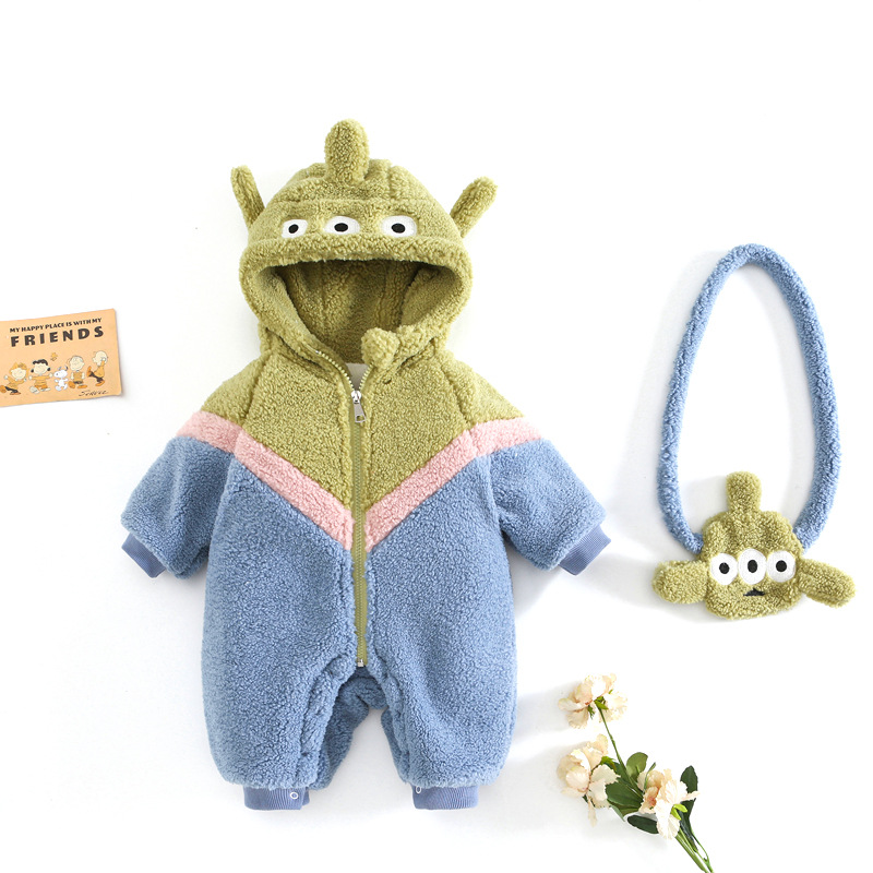 Lane Xiaobao Otoño e Invierno forrado de lana engrosada ropa de bebé 0-1 años de edad ropa de salida dibujos animados lindo mono bolsa gratis