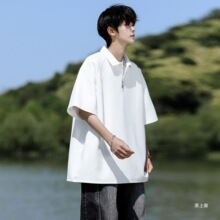 港风日系半拉链t恤短袖男款夏季翻领POLO衫七分袖宽松加肥加大码