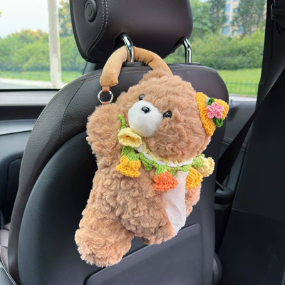 Cartoon Bear Car Tissue Box Hanging Car Cute High-End Plush Doll Female Car Seat Back Paper Box (Car tissue box/set) - yellow-hat-orange-lily-of-the-valley-pocketkhaki-bear-tissue-box-cover