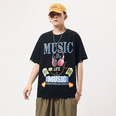 夏季日系纯棉T恤男装音乐耳机印花短袖体恤衫潮牌青少年上衣批发