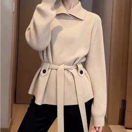 法式翻领毛衣女2025冬季新款收腰显瘦高级感时尚独特气质女士上衣