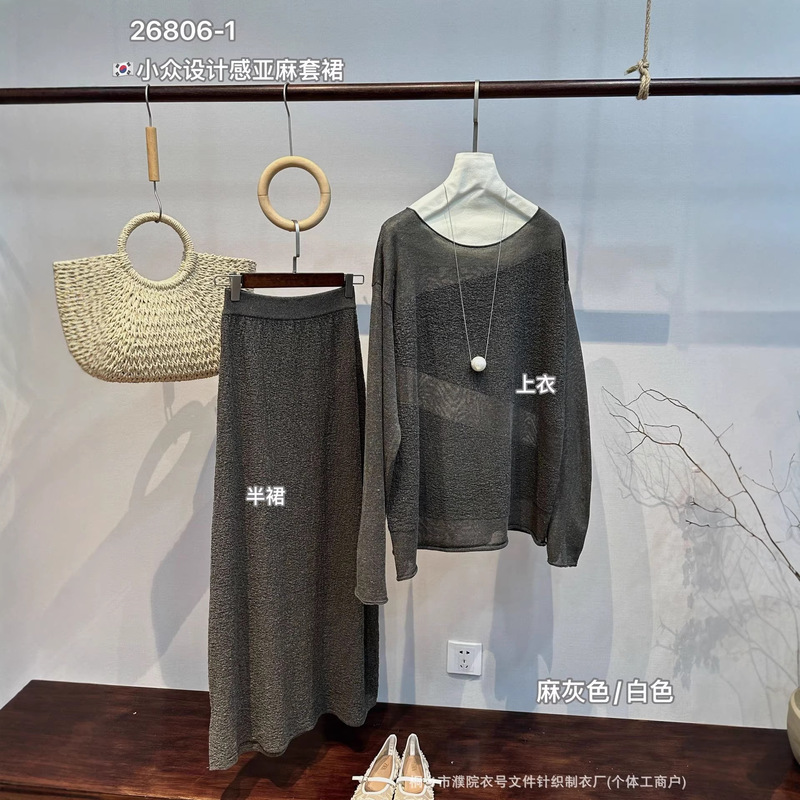 Gray Linen Dress Set with Loose Knit Top + Skirt for Women, Vintage Linen Thin Top for Spring and Summer