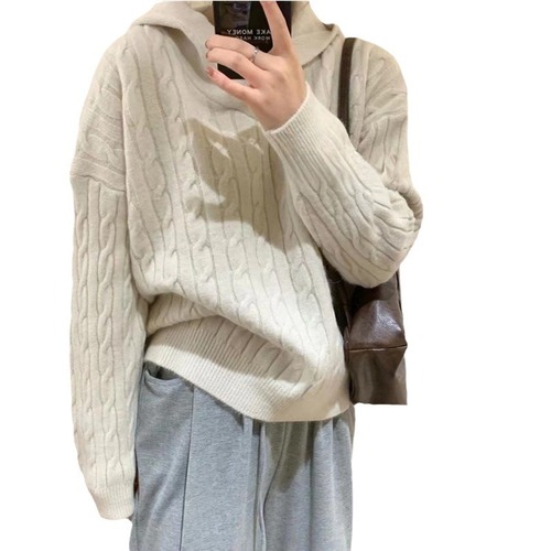 KANING Retro Crochet Hooded Sweater for Women 2025 Autumn Winter Korean Style Leisure Loose Knitted Top