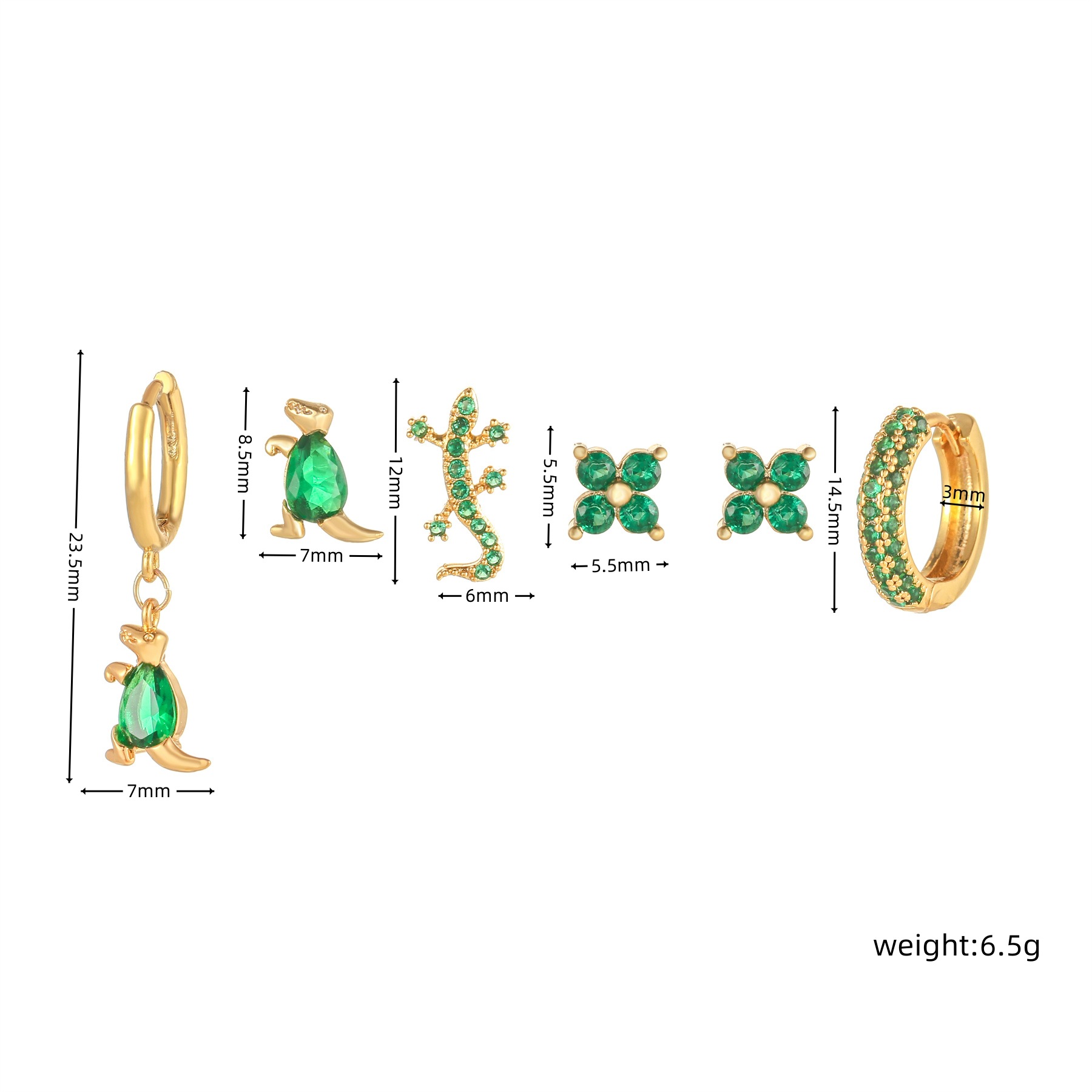 Fashion Dinosaur Copper Inlay Zircon Ear Studs 5 Pieces