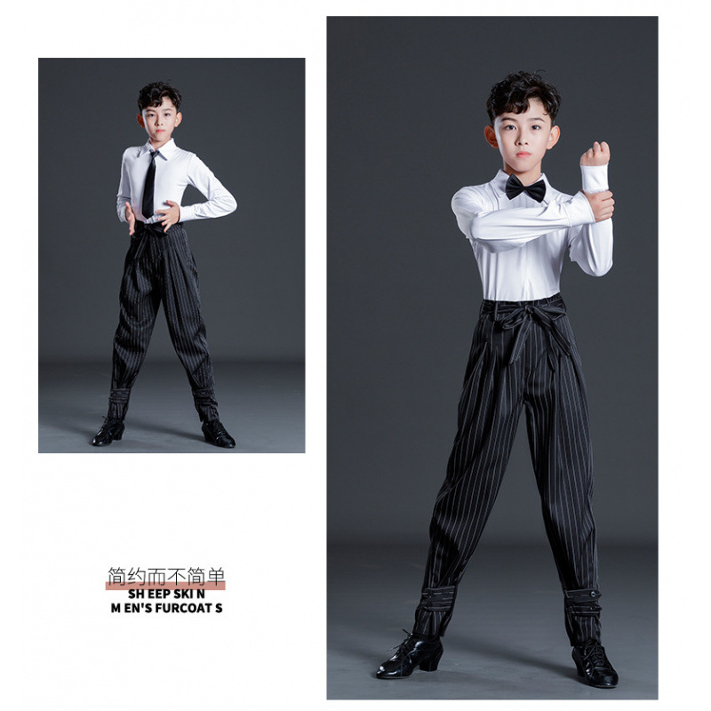 White top + bow tie + striped pants