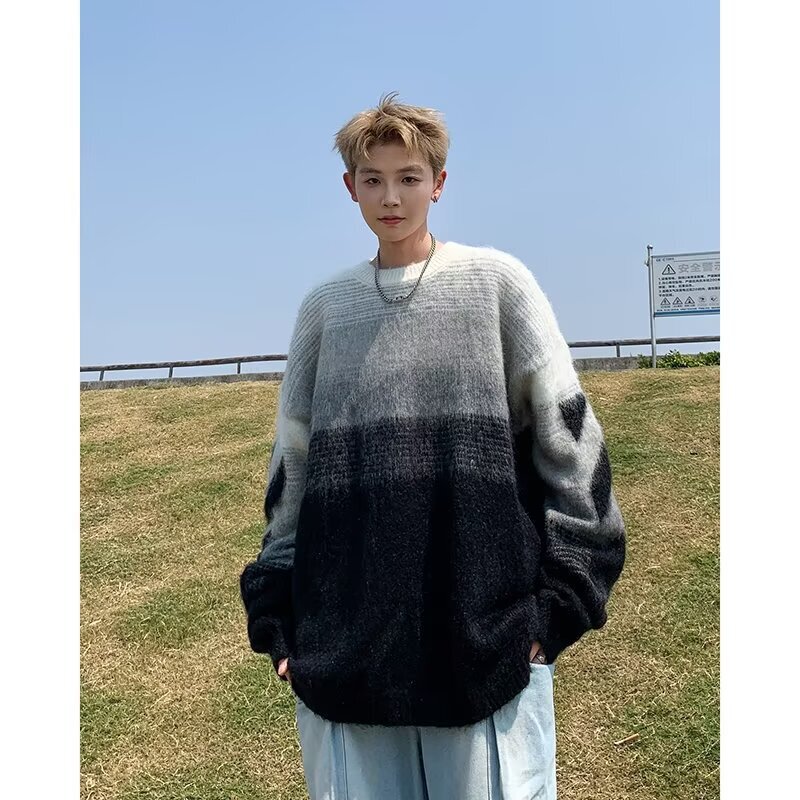 Autumn and Winter Gradient Arrow Sweater Coat Men's High Street Fashion Brand Lazy Style Loose Couple's Round Neck Sweater for Men and Women