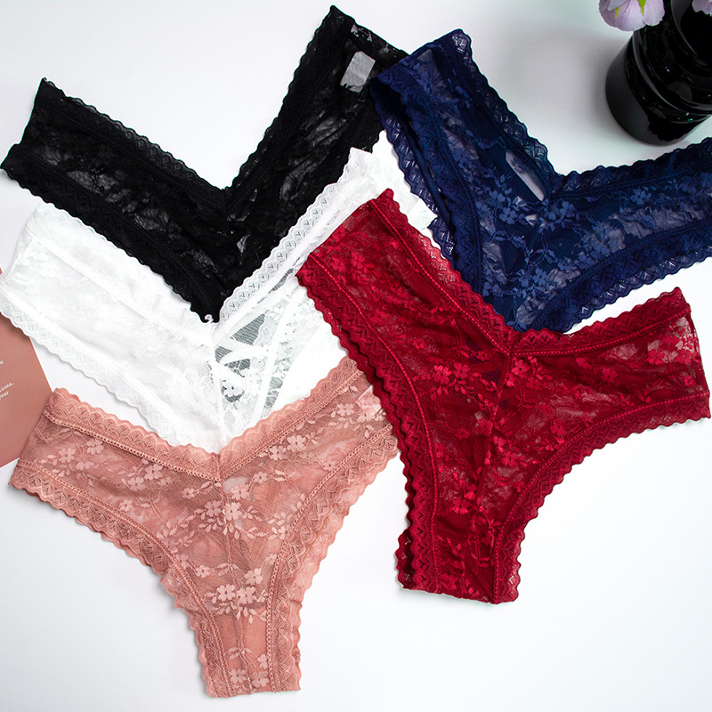 Cross-Border Hot Selling Sexy Women's Underwear Cotton Mid-Waist Lace Seamless Cross Strap Hollow Large Size Thong