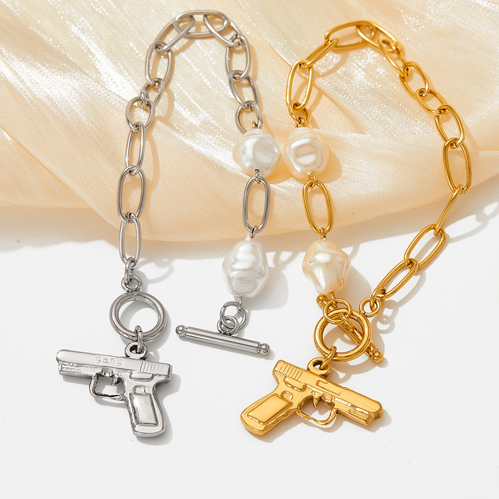 Baroque Style Pistol Stainless Steel Pearl Plating Bracelets Necklace 1 Piece
