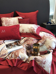 Θmark Cross Retro Pure Cotton Long-Staple Cotton Wedding Four-Piece Set Wedding Red Home Textile Wedding Bedding