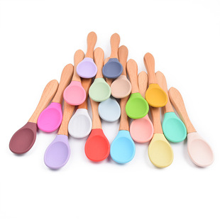 Children's silicone spoon Fork wooden handle tableware baby training food supplement spoon baby feeding spoon Fork wholesale