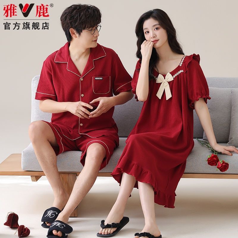 【送料無料】Yalu 新婚夫婦パジャマ 夏 純綿 半袖 薄手 赤 干支年 男女兼用|undefined
