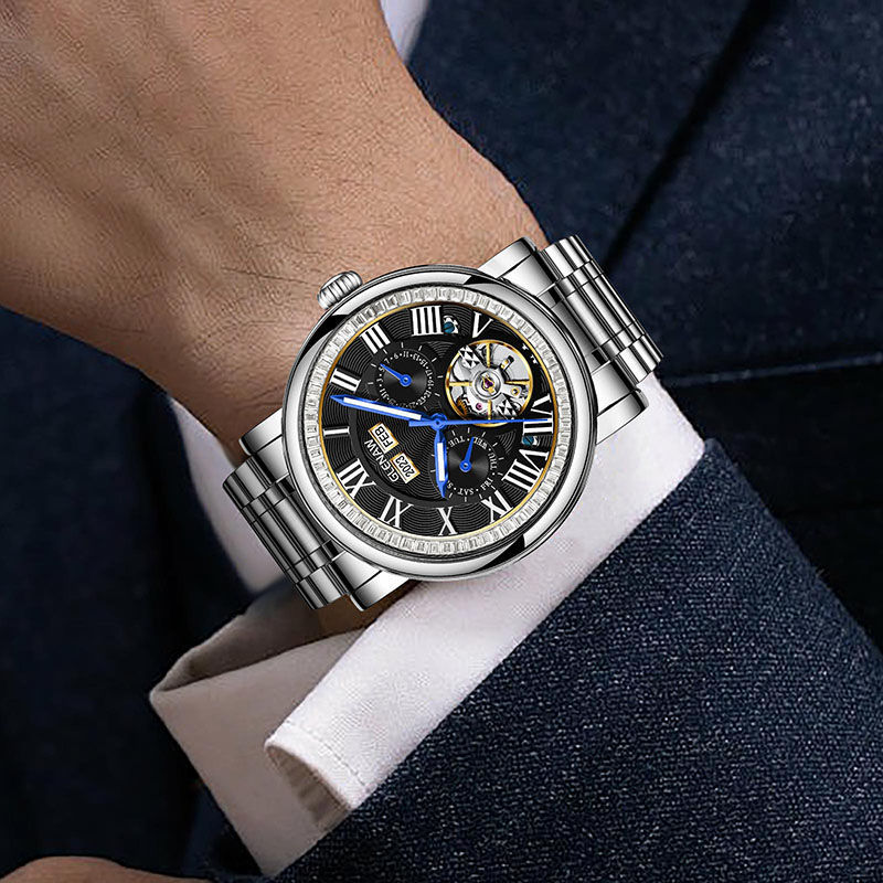 Đồng hồ nam cơ tự động Tourbillon lộ máy chống nước đa chức năng 8677 — 8677-Mặt đen vỏ bạc đai thép bạc, 8677-Vàng mặt bạc vỏ bạc đai thép