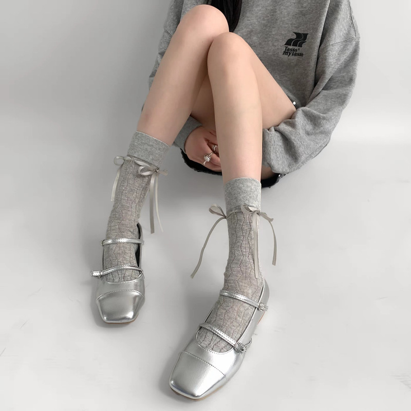 Lolita Socks Jk Calf Socks Women's Spring Autumn Summer Thin Ballet Style Mid-Calf Pile Socks Lace-Up Bow Socks