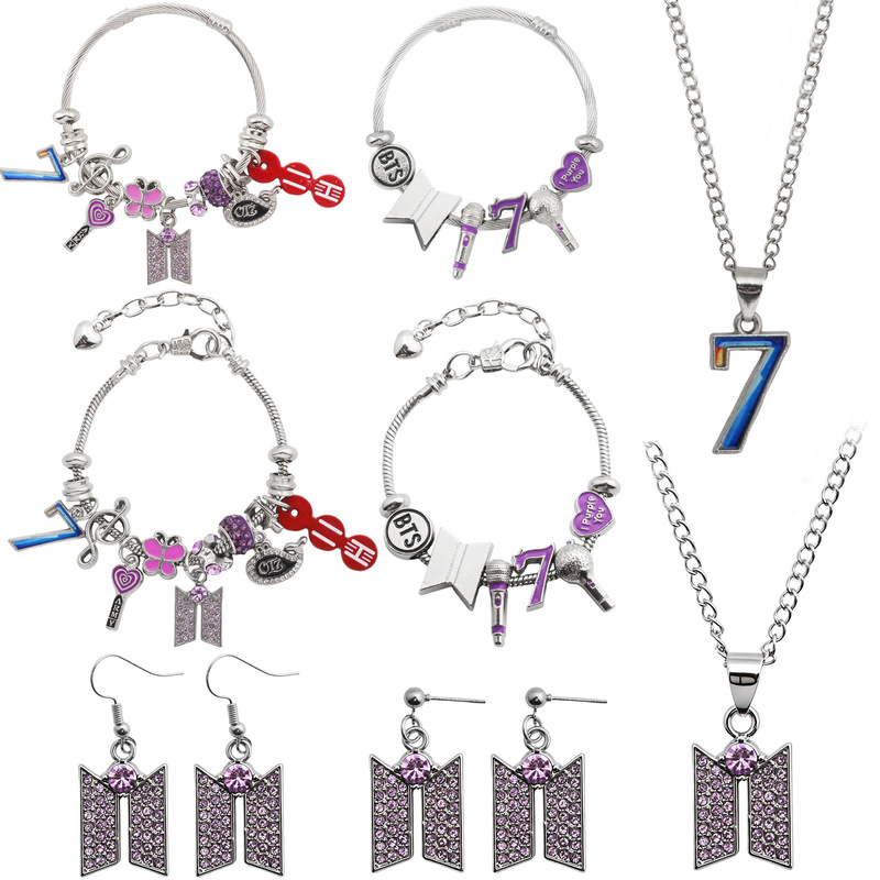 Cross-Border Bts Bangtan Boys Bracelet Butterfly Purple Diamond-Studded Necklace Bts Fan Support Logo Accessory Pendant