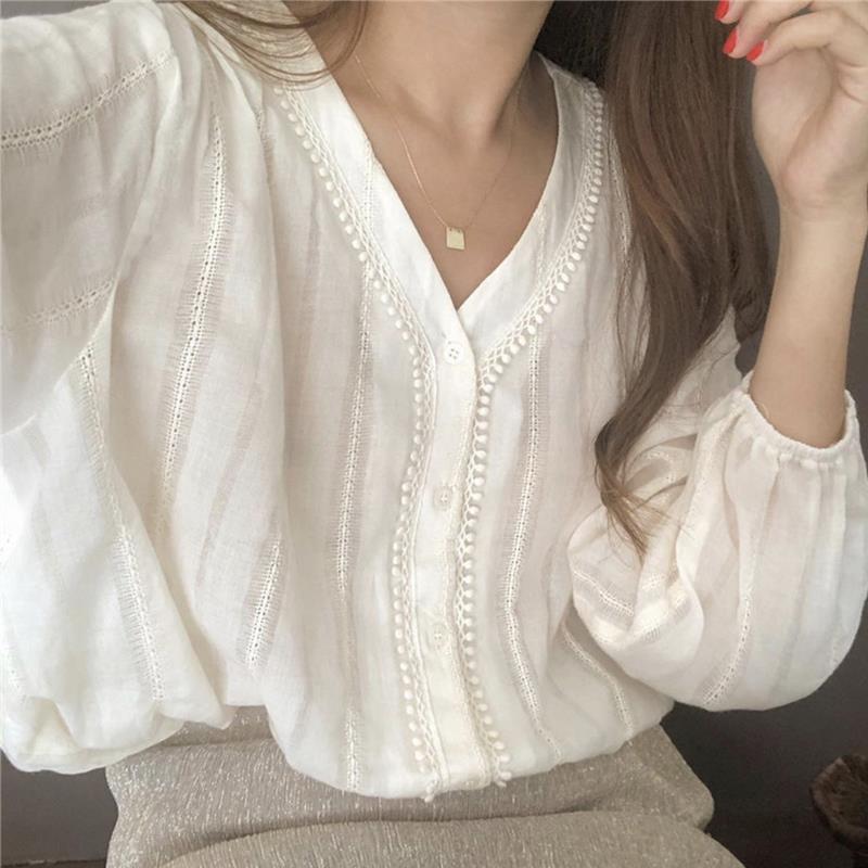 V-Neck Puff Sleeve Lace Shirt for Women, Korean Style White Long-Sleeve Blouse, 2026 Spring and Autumn Shirt, Off-Shoulder High-Elastic Xiangyun Silk V-Neck Puff Sleeve Lace Shirt for Women, Korean Style White Long-Sleeve Blouse, 2026 Spring and Autumn Shirt, Off-Shoulder High-Elastic Xiangyun Silk