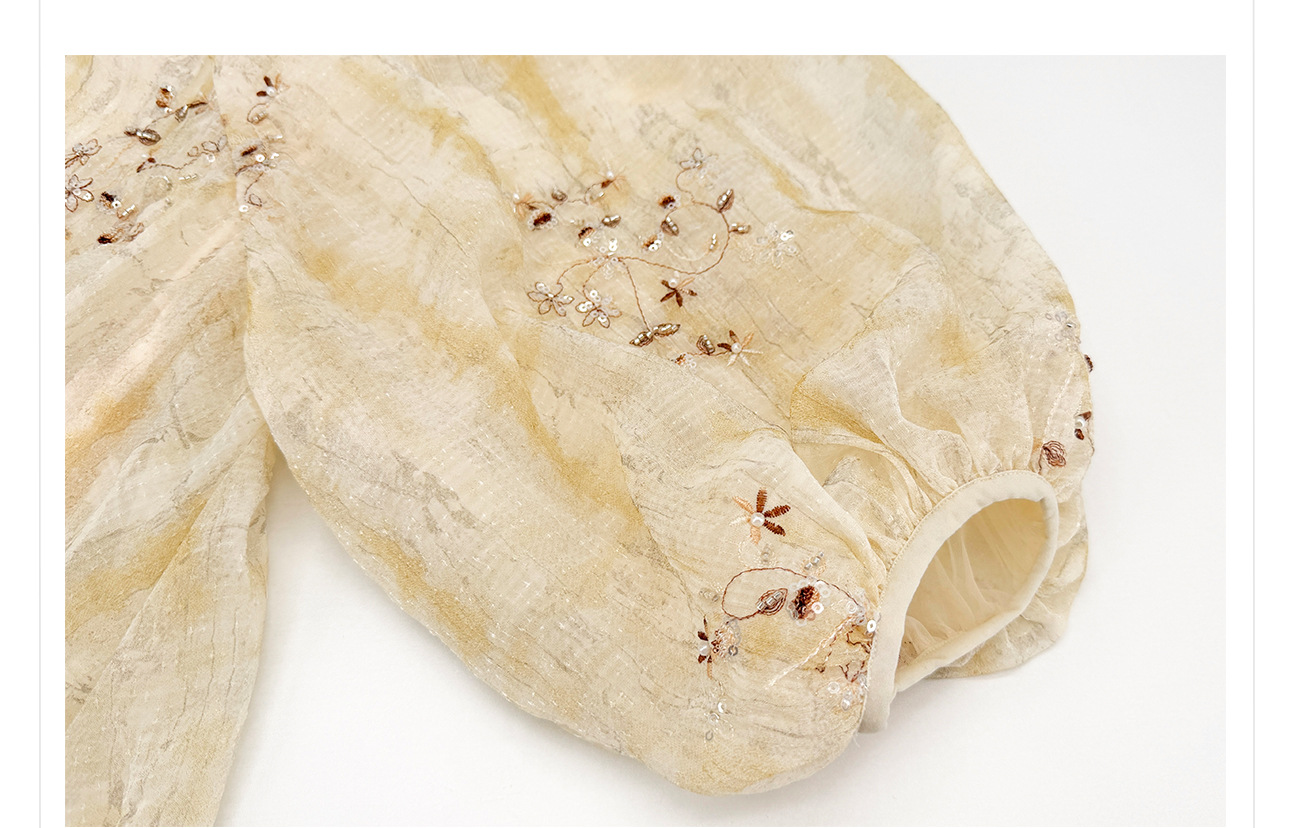 Đầm maxi nữ thắt eo phong cách Tân Trung Hoa, tay ngắn, cổ viền ren, thêu hoa tinh tế — màu trắng ngà chi tiết 16