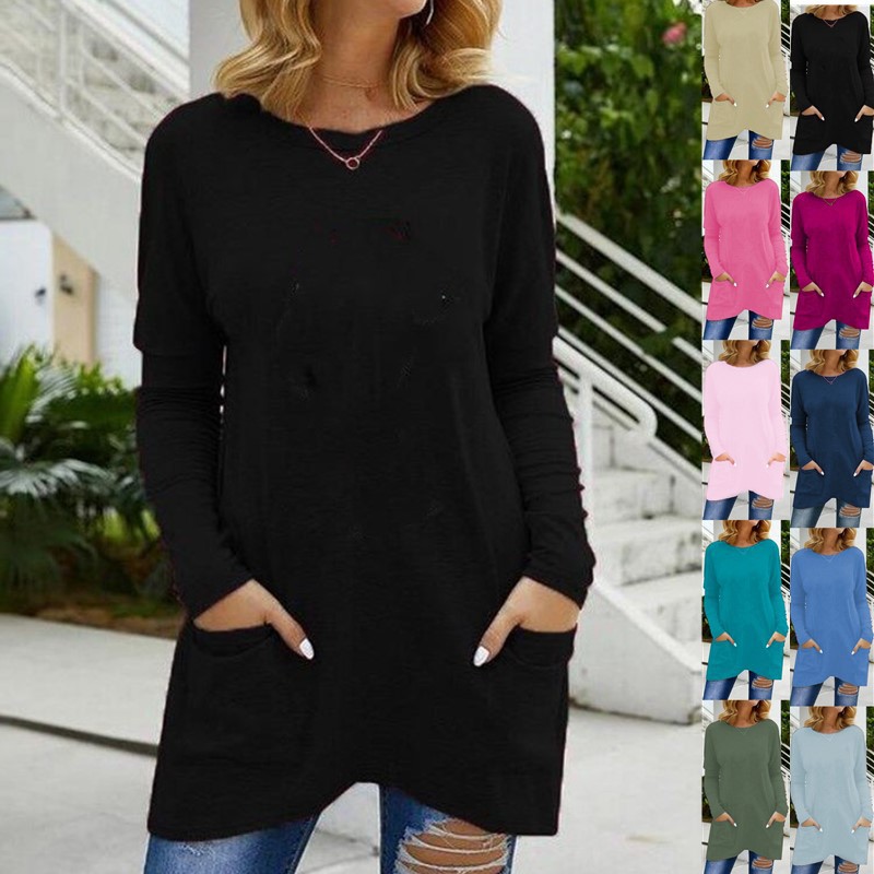 ebay亚马逊wish欧美跨境新品蝙蝠长袖休闲口袋T恤衫上衣女装T恤