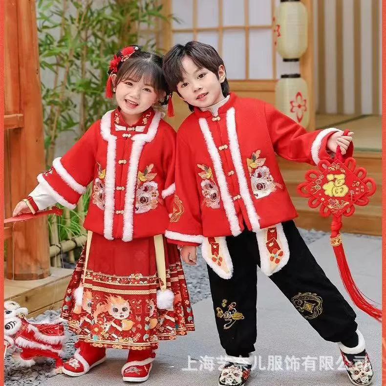2024 Новое поступление детская Новогодняя одежда женское платье с лицом лошади Hanfu Год Дракона Детский костюм Тан в китайском стиле зимний утолщенный на флисовой подкладке