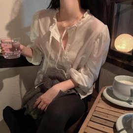 已出货韩国chic早春新款温柔风甜美边可叠搭百搭长袖衬衫