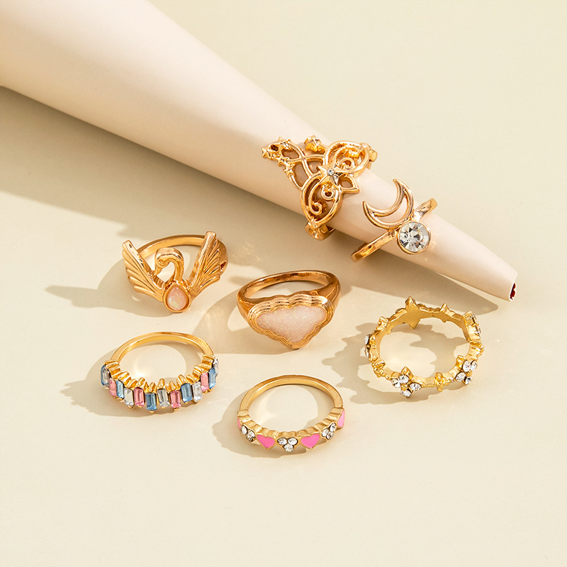 Fashion Personality Moon Diamond Love Drip Oil Ring Seven-piece Set display picture 4