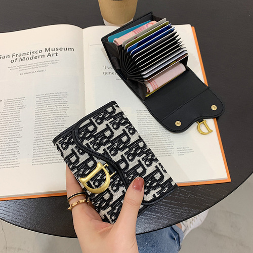 New Korean printed canvas short card holder coin purse women's compact folding buckle multi-card slot accordion card holder