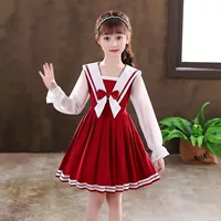 Модное милое осеннее платье для младших школьников, тёмно-синее с длинным рукавом, юбка, западный стиль