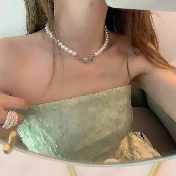 Vivienne Westwood New Arrival Pearl Collar Necklace for Women Geometric Crown Rhinestone Planet Choker