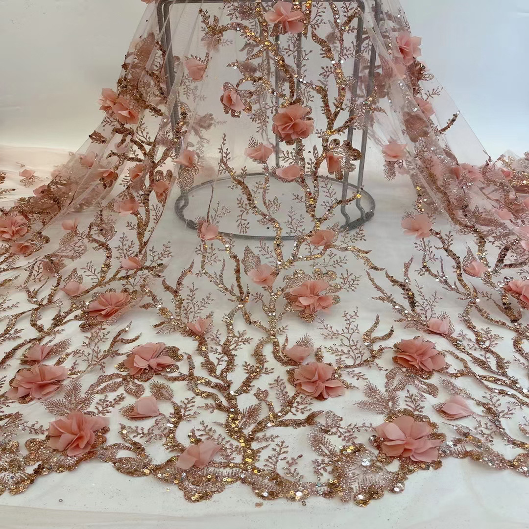 Vestido de novia de tela tridimensional flor lentejuelas posicionamiento bordado encaje europeo y americano malla bordado vestido de tela JX1914