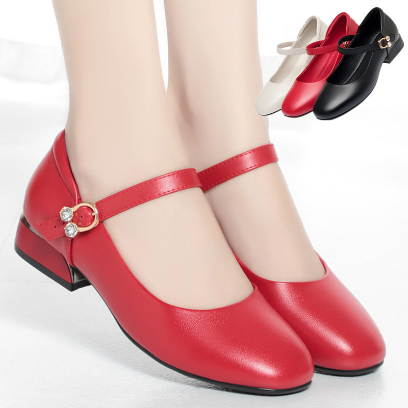 Women's chunky heel single-layer shoes summer soft leather soft bottom soft surface comfortable women's shoes mid heel mother dancing shoes middle-aged women's leather shoes