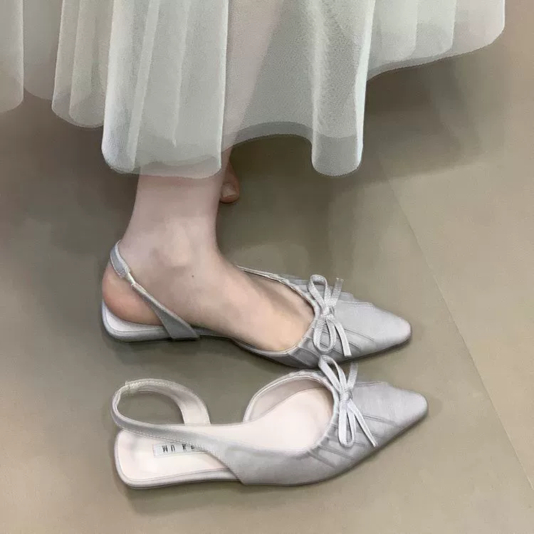 Стильные туфли на pointed toe сruffled бантами, сандалии для женщин, лето 2025, корейский стиль, клин, с эластичной лентой сзади, модная обувь