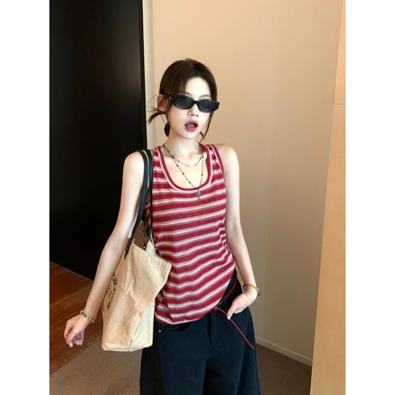 美式辣妹U领无袖露背上衣女夏季挂脖工字撞色条纹吊带收副乳背心|undefined