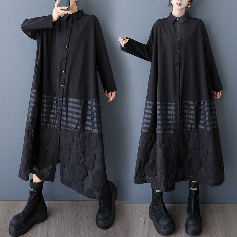 Real Shot of Niche Dark Style Shirt Dress with Striped Splicing Design, Fashionable and Versatile, Loose and Lazy Style Dress