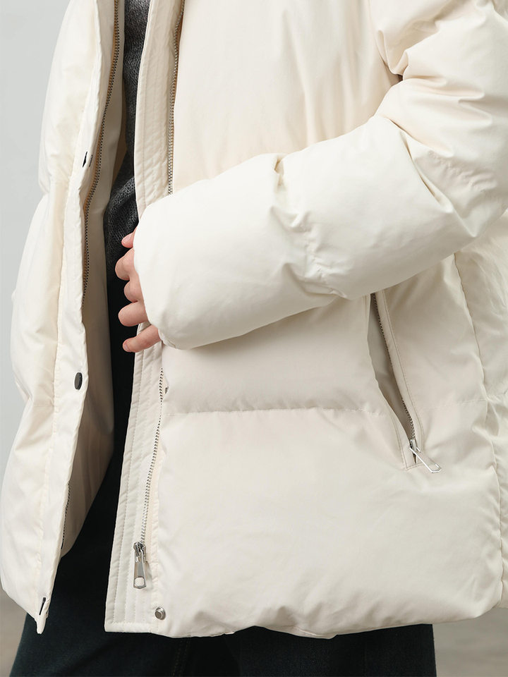 Áo khoác bông nữ có mũ, khóa kéo, thắt eo dáng ôm, dài trung bình, chất liệu polyester dày — màu nâu, màu đen, quả mơ chi tiết 64