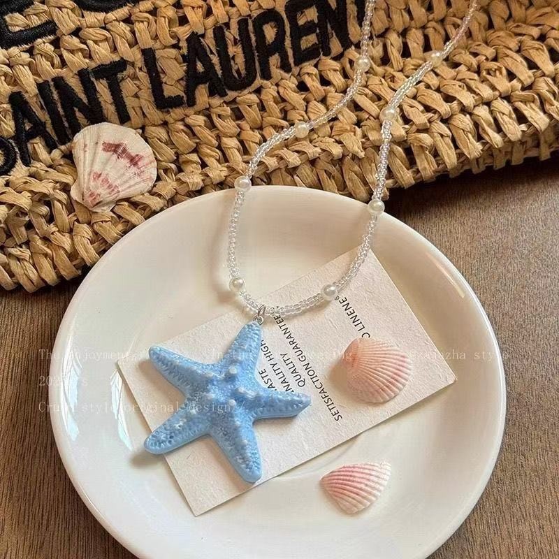 多巴胺长款串珠海星项链女夏天海边海岛度假风夸张黄色锁骨链配饰|undefined