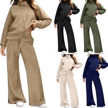 女式运动高领休闲套装秋冬季亚马逊欧美女装新款抽绳设计两件套女