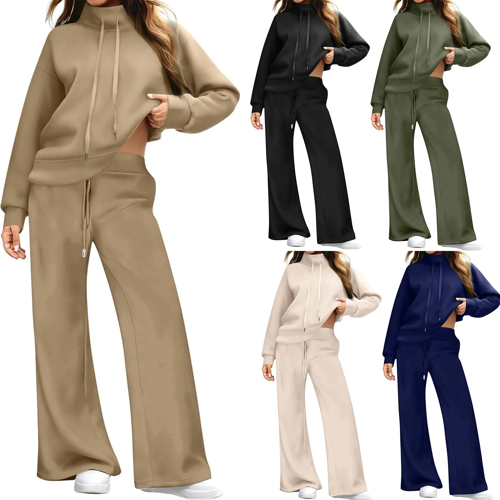 女式运动高领休闲套装秋冬季亚马逊欧美女装新款抽绳设计两件套女